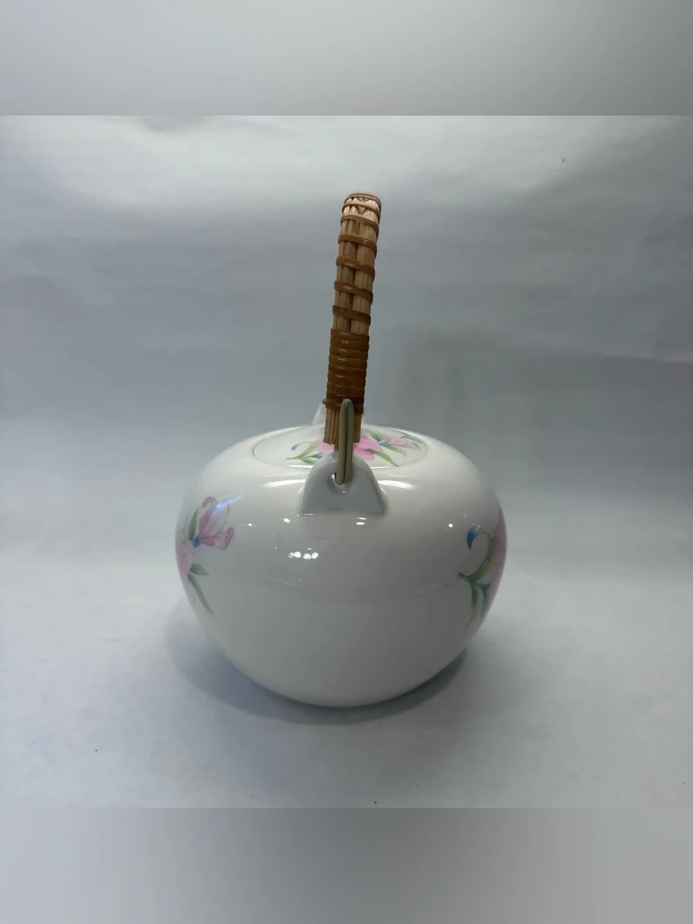 Vintage Price Products Teapot Floral Bamboo Handle Japan Hidden Chip on Rim